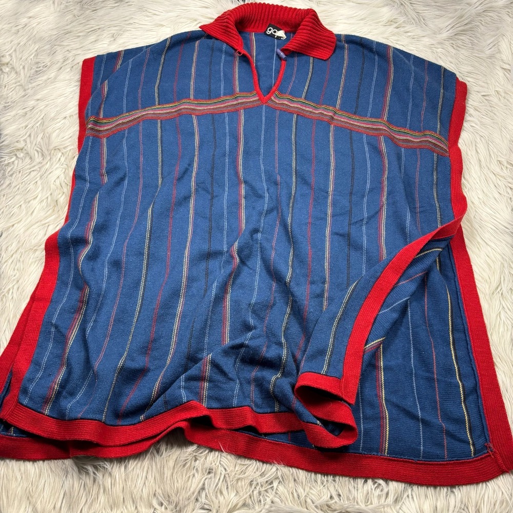 Vintage 70's Gap Women's Unisex OS Collared Poncho Stripe Preppy Blue Red